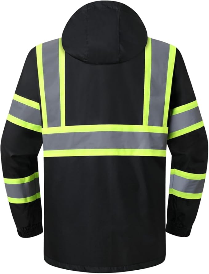 JKSafety Hi-Vis Reflective Safety Rain Jacket for Men Women Waterproof Rain Gears for Farming Fishing Work HV Rain Jacket with Inner Mesh Lining and Pockets (117A-Black M)