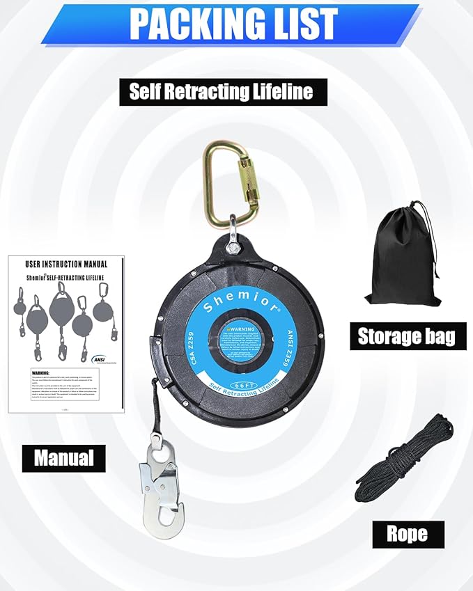 66FT Self Retracting Lifeline, Shemior No Tangle Lightweight Housing Web SRL, Self Retractable Safety Lanyard, Fall Arrest Protection PPE Gear for Roofing Construction, OSHA/ANSI Compliant