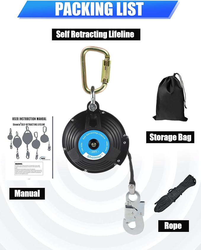 20FT Web Self Retracting Lifeline, No Tangle Lightweight SRL, Self Retractable Safety Lanyard, Fall Arrest Protection Gear for Roofing Construction, OSHA/ANSI Compliant