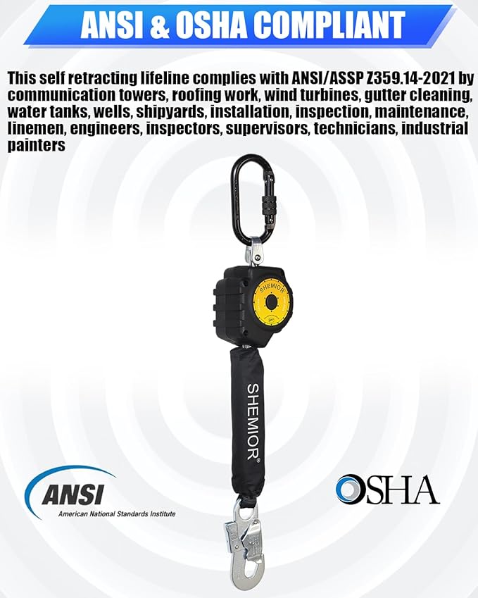 6FT Self Retracting Lifeline, Swivel Top Lightweight Housing Shemior Web SRL ANSI Self Retractable Safety Lanyard, Fall Arrest Protection Gear for Roofing Construction,Snap Hook