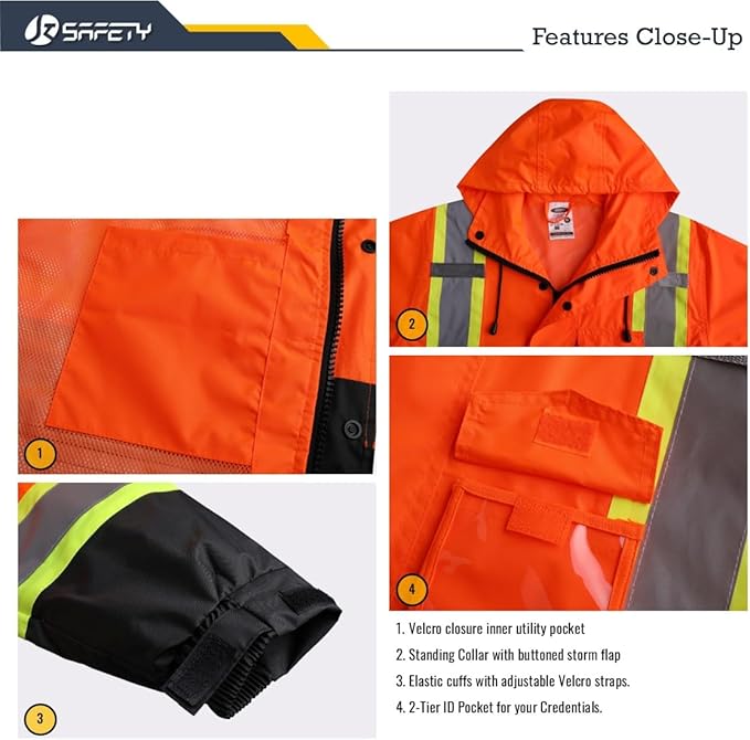 JKSafety Hi-Vis Reflective Safety Rain Jacket for Men Women Waterproof Rain Gears for Farming Fishing Work HV Rain Jacket with Inner Mesh Lining and Pockets (117A-OBlk M)