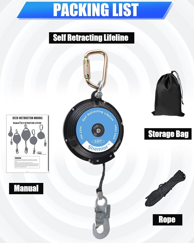 33FT Web Self Retracting Lifeline, Shemior No Tangle Lightweight Housing SRL, Self Retractable Safety Lanyard, Fall Arrest Protection PPE Gear for Roofing Construction, OSHA/ANSI Compliant