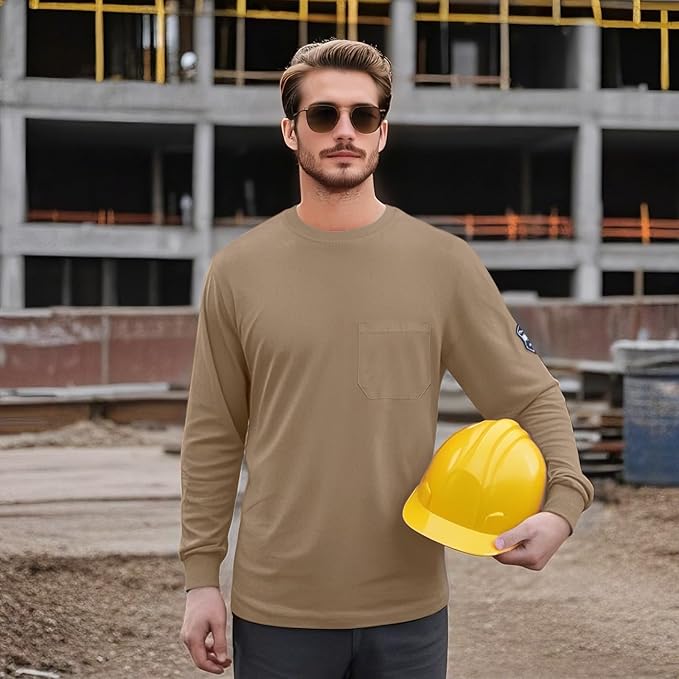 Welding Shirts for Men 7.5OZ FR Shirts, 100% C Flame Resistant Work Shirt with Long Sleeves, Men's Fire Retardant Welding Shirt, Durable Welding Accessories, Khaki-YL M