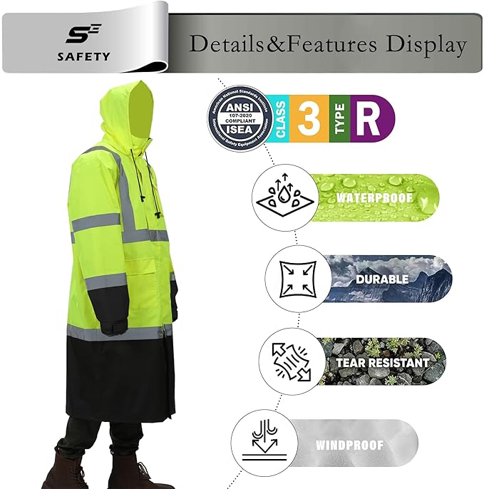 sesafety Safety Rain Coats for Men Work, Class 3 HighVisibility Rain Gear Construction, Reflective Hi Vis RainJacket Lightweight Waterproof