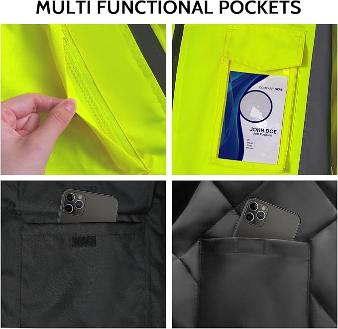 TCCFCCT Safety Jacket for Men & Women, Hi Vis Reflective Jackets with Pockets, Construction Coats for Cold Weather, High Vis Rain Gear, Waterproof, Long J-Yellow, S
