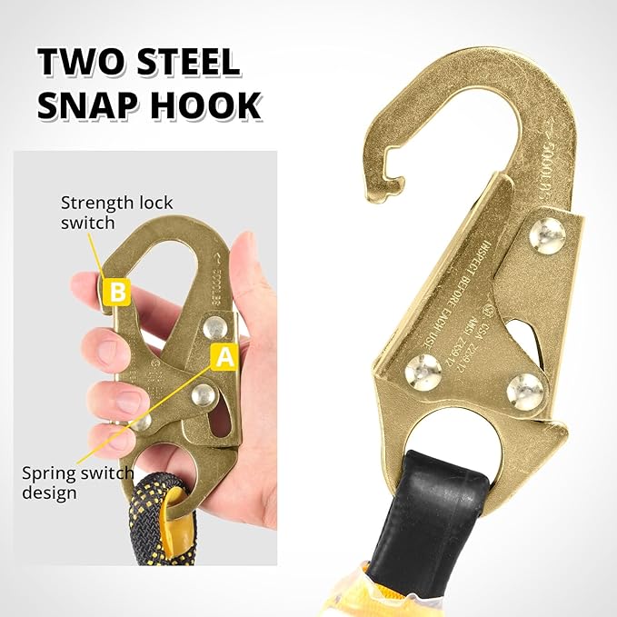TRSMIMA Rope Harness Safety Lanyard:50ft Vertical Roofing Rope with Grab Snap Hooks Shock Absorber - Fall Protection Tree Climbing Line Kit Heavy Duty Roof Safety Equipment ANSI CE
