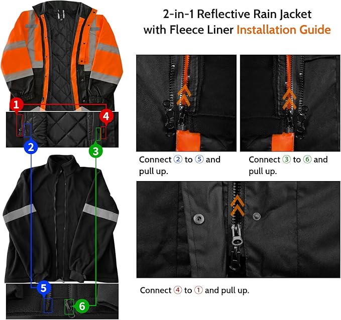 TCCFCCT 3-in-1 Hi Vis Winter Bomber Jackets for Men with Zippered Detachable Fleece Liner, Waterproof Reflective Safety Construction Coats for Cold Weather, High Vis Rain Gear, 3-in-1-Orange XL