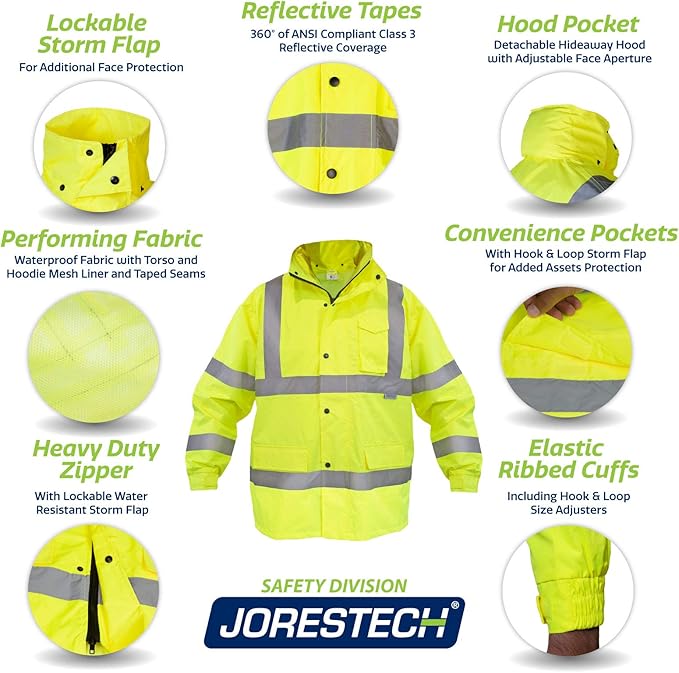 JORESTECH Safety Rain Set/Jacket Reflective High Visibility Yellow Black JK-03 / Pants Lime ANSI 150D Heavy Duty PANTS-03