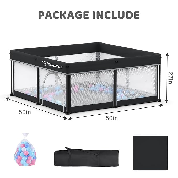 Taleco Gear Foldable Baby Play Pen with Mat, 50''x50'' Playpen for Babies and Toddlers, Playpen for Baby with Gate, Breathable,Foldable Travel Play Pen with 50 Ocean Balls