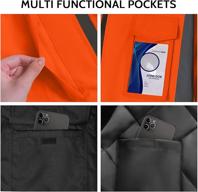 TCCFCCT Safety Jacket for Men & Women, Hi Vis Reflective Jackets with Pockets, Construction Coats for Cold Weather, High Vis Rain Gear, Waterproof, Long J-Orange, L