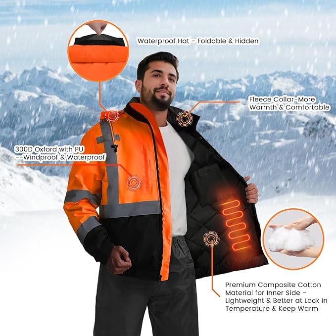 TCCFCCT Safety Jacket for Men & Women, Hi Vis Reflective Jackets with Pockets, Construction Coats for Cold Weather, High Vis Rain Gear, Waterproof, J-Orange, S