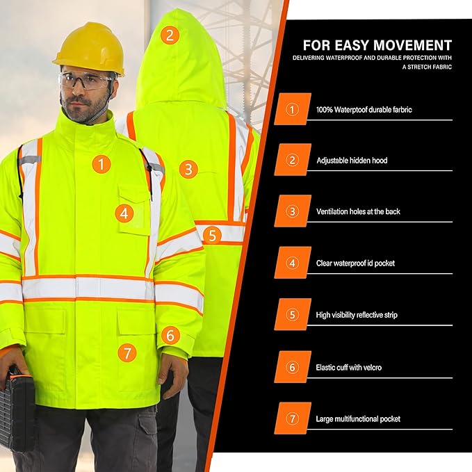 FATONE Hi Vis Rain Jacket for Men Lightweight Reflective Safety Rain Gear Waterproof with Hood, Class 3 Work Raincoat ANSI/ISEA Tested Yellow S/M
