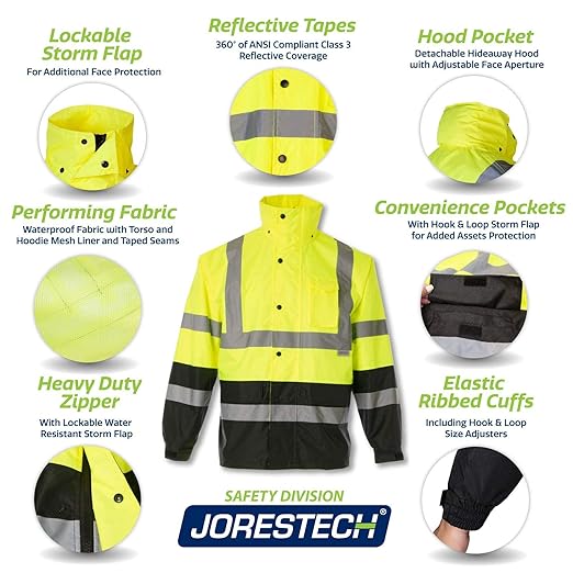 JORESTECH Hi-Visibility Waterproof Rain Jacket with Mesh Lining, ANSI/ISEA 107-2015 Class 3 Type R, Lightweight Wind-Resistant Safety Jacket
