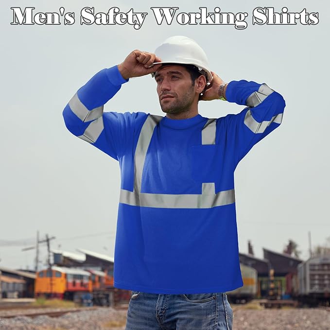 Amylove 4 Pcs Long Sleeve Safety Shirt High Visibility Reflective Construction Work Shirts for Men Women(XL,Blue)