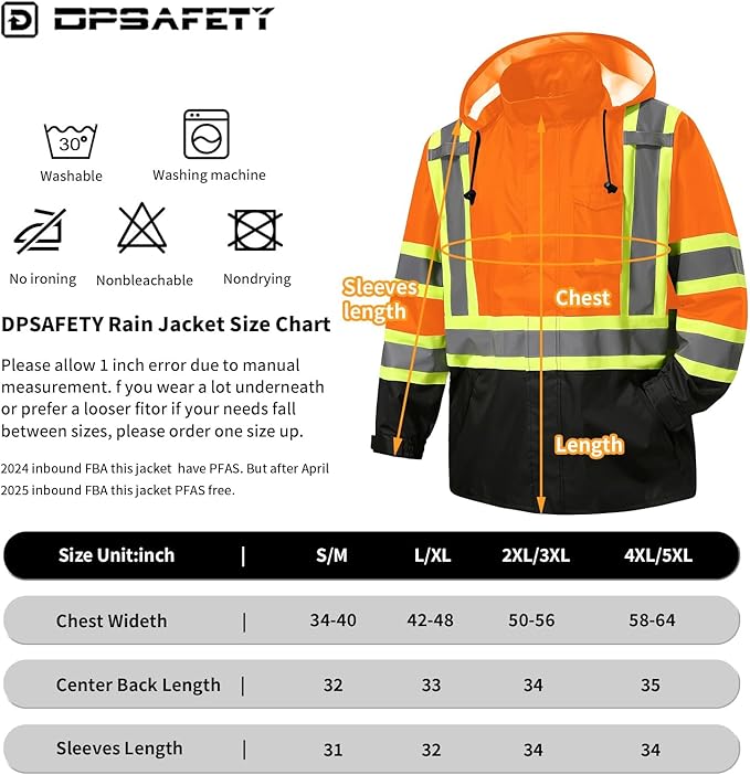 Reflective Rain jackets for men waterproof,Hi Vis Safety Coat With Reflective Strips,High Visibility Class 3 Rain jackets With 2 large pockets,Zipper,Orange,2XL/3XL