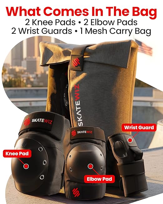 SKATEWIZ Adult Knee Pads, Skate & Skateboarding Wrist Guards for Skating Adult with Elbow Pads - Skateboard Protective Gear - Shield - Size M Black - Roller Skates, Inline Skates