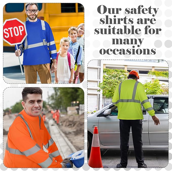 Amylove 4 Pcs Long Sleeve Safety Shirt High Visibility Reflective Construction Work Shirts for Men Women(XXXL,Yellow, Orange, Black, Blue)
