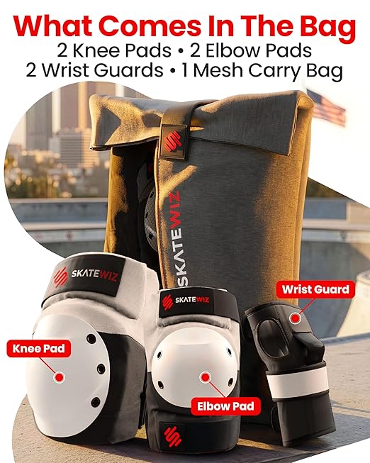SKATEWIZ Bike Knee Pads - Skateboard Safety Gear - Shield - Size M/L Grey White - Skate & Skateboarding Wrist Guards for Skating Adult with Elbow Pads - Roller Skates, Inline Skates