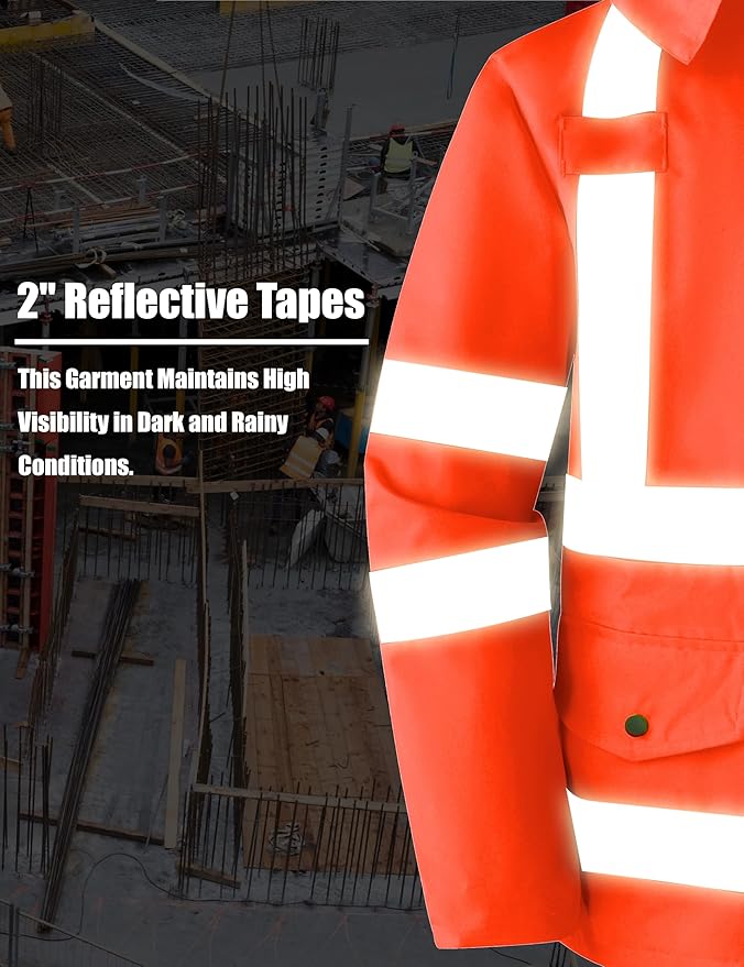 Ubon Men's Reflective Rain Jacket, Waterproof Hi Vis Rain Coat Safety High Visibility Raincoat with Detachable Hood