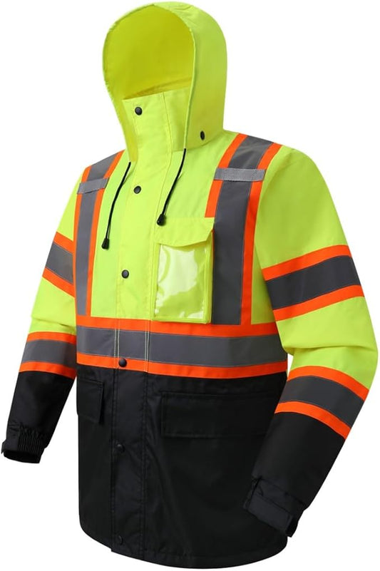 JKSafety Hi-Vis Reflective Safety Rain Jacket for Men Women Waterproof Rain Gears for Farming Fishing Work HV Rain Jacket with Inner Mesh Lining and Pockets (117A-YBlk M)