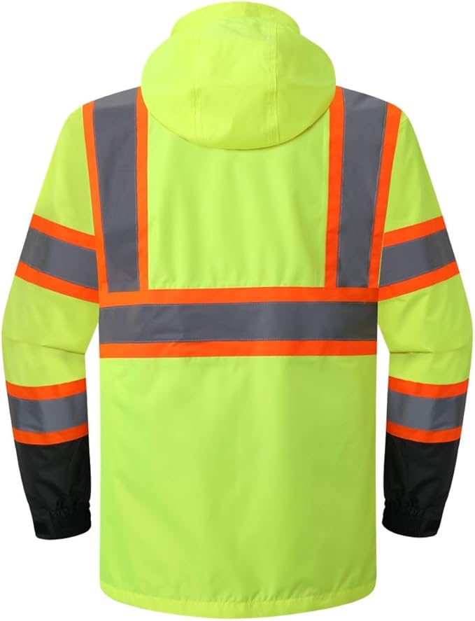 JKSafety Hi-Vis Reflective Safety Rain Jacket for Men Women Waterproof Rain Gears for Farming Fishing Work HV Rain Jacket with Inner Mesh Lining and Pockets (117A-YBlk XXL)