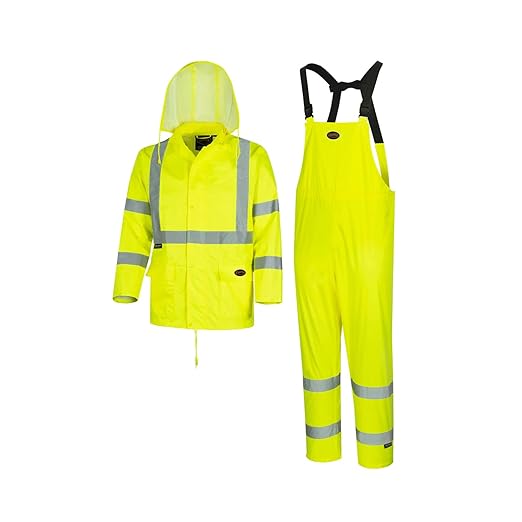 Pioneer High Visibility Rain Gear Safety Jacket and Bib Pants – Hi Vis, Waterproof, Reflective PVC Work Suit for Men – Orange and Yellow/Green