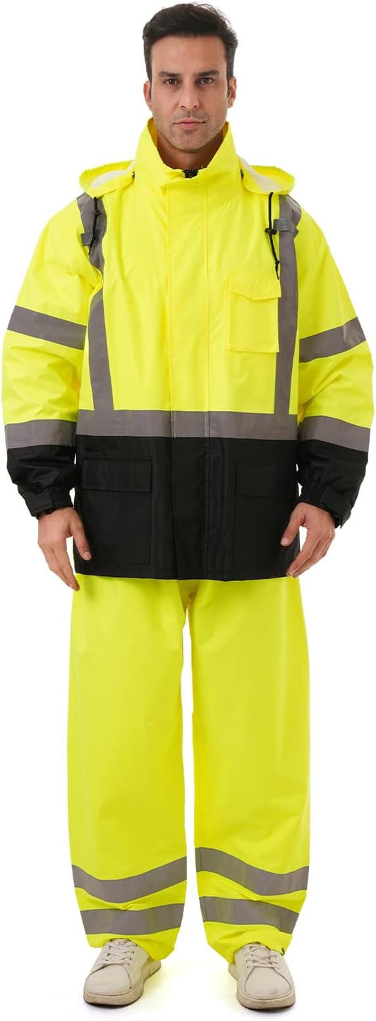 Hi Vis Safety rain Jacket，Reflective Class 3 Rain coat with Inner Mesh Lining and Pockets High Visibility Waterproof work Rain Suits for men&women（Lime,SM/MD）