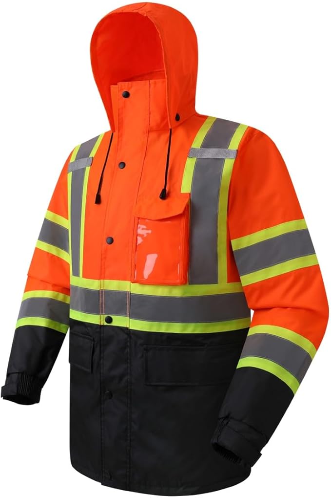JKSafety Hi-Vis Reflective Safety Rain Jacket for Men Women Waterproof Rain Gears for Farming Fishing Work HV Rain Jacket with Inner Mesh Lining and Pockets (117A-OBlk XL)
