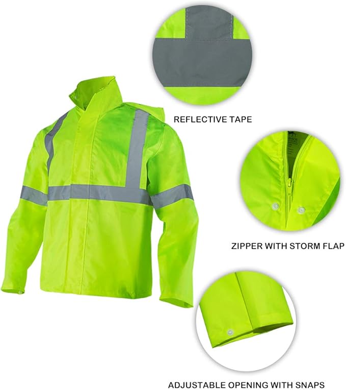 FONIRRA Class 3 High Visibility Rain Suit With Collapsible Hood Lime Reflective Safety Waterproof Worker Jacket & Pants (4XL/5XL Yellow)