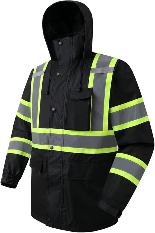 JKSafety Hi-Vis Reflective Safety Rain Jacket for Men Women Waterproof Rain Gears for Farming Fishing Work HV Rain Jacket with Inner Mesh Lining and Pockets (117A-Black 3XL)