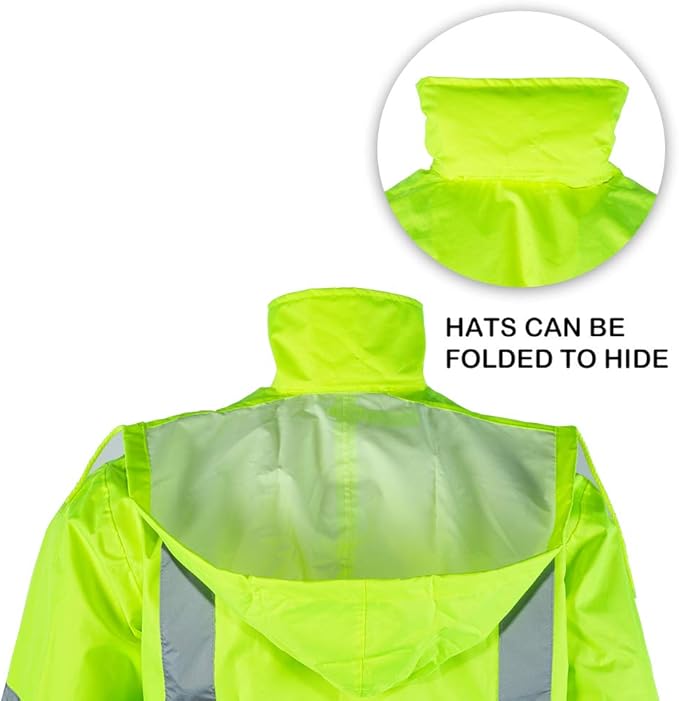 FONIRRA Class 3 High Visibility Rain Suit With Collapsible Hood Lime Reflective Safety Waterproof Worker Jacket & Pants (4XL/5XL Yellow)