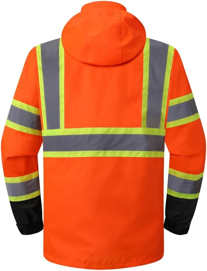 JKSafety Hi-Vis Reflective Safety Rain Jacket for Men Women Waterproof Rain Gears for Farming Fishing Work HV Rain Jacket with Inner Mesh Lining and Pockets (117A-OBlk L)