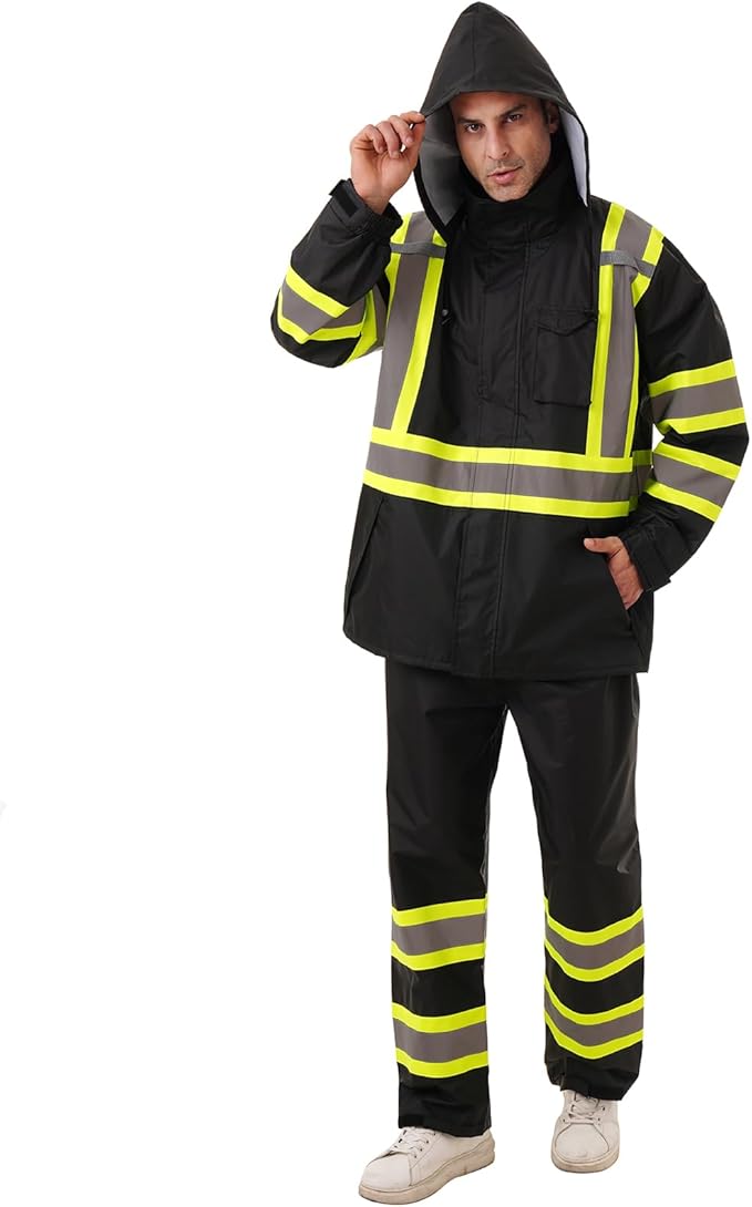 Hi Vis Safety rain Jacket，Reflective Class 3 Rain coat with Inner Mesh Lining and Pockets High Visibility Waterproof work Rain Suits for men&women（Black,SM/MD）
