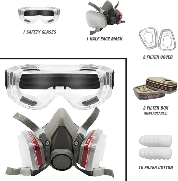 LAUCO Premium Respirator Kit - Reusable Half Face Cover Set with Safety Glasses for Gas, Painting, Machine Polishing, Staining, Car Spraying, Sanding & Cutting, DIY and Other Work Protection