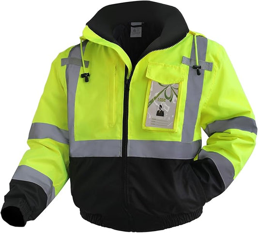 High Vis Safety Jackets, Reflective Work Jacket with Pockets for Men& Women, Construction Coats for Cold Weather, Waterproof Rain Jacket, Class 3, Yellow-Black, XXL