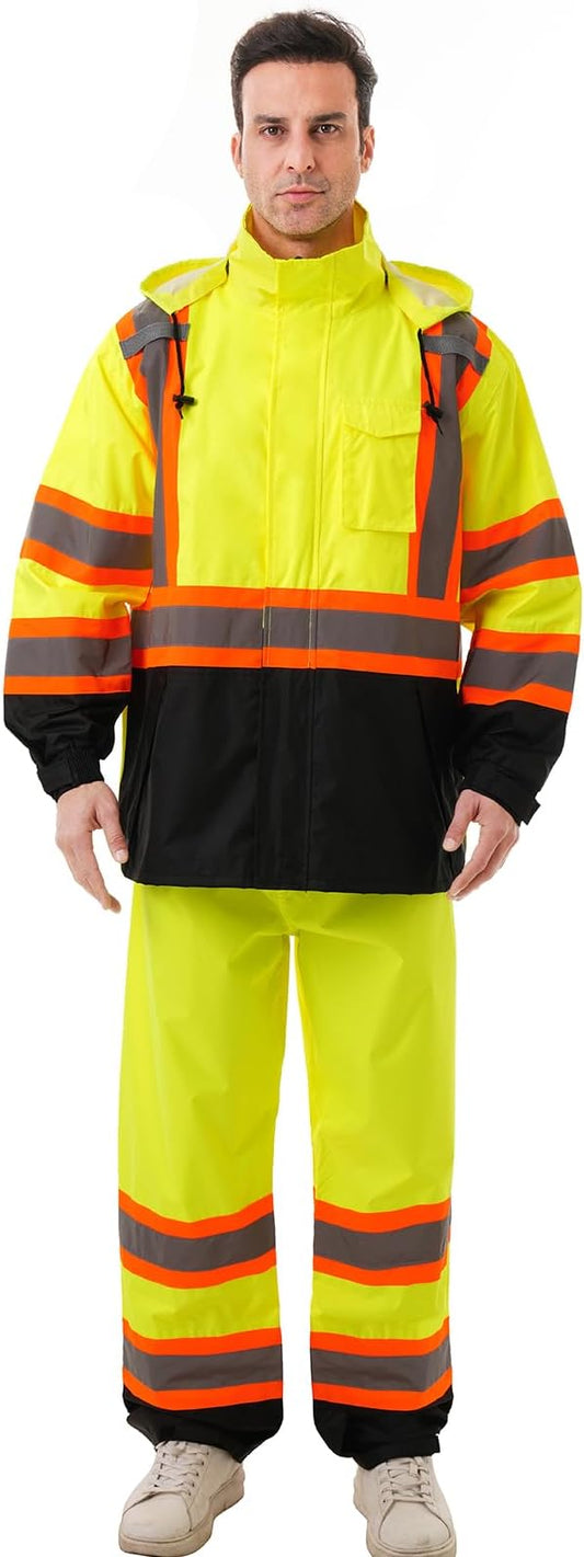 Hi Vis Safety rain Jacket，Reflective Class 3 Rain coat with Inner Mesh Lining and Pockets High Visibility Waterproof work Rain Suits for men&women（Yellow,4XL/5XL）