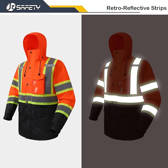 JKSafety Hi-Vis Reflective Safety Rain Jacket for Men Women Waterproof Rain Gears for Farming Fishing Work HV Rain Jacket with Inner Mesh Lining and Pockets (117A-OBlk 3XL)
