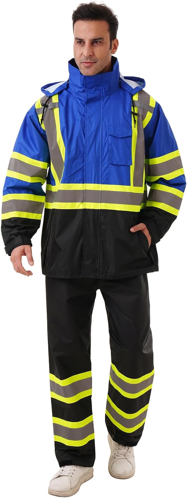 Hi Vis Safety rain Jacket，Reflective Class 3 Rain coat with Inner Mesh Lining and Pockets High Visibility Waterproof work Rain Suits for men&women（Blue,SM/MD）