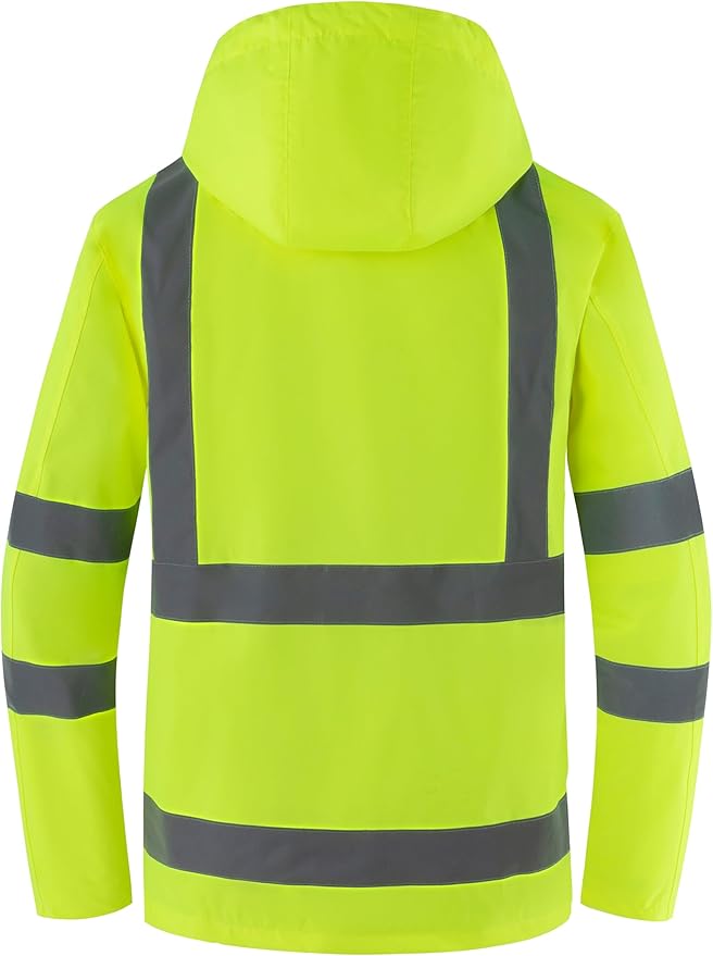 Ubon Men's Reflective Rain Jacket, Waterproof Hi Vis Rain Coat Safety High Visibility Raincoat with Detachable Hood
