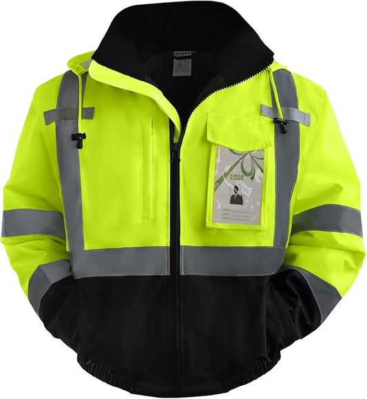TCCFCCT Safety Jacket for Men & Women, Hi Vis Reflective Jackets with Pockets, Construction Coats for Cold Weather, High Vis Rain Gear, Waterproof, J-Yellow, S