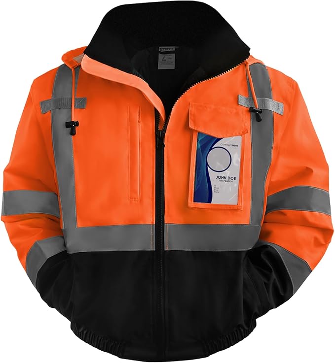 TCCFCCT Work Jackets for Men, Class 3 Hi Vis Reflective Safety Jackets for Men, Waterproof High Visibility Winter Bomber Rain Jacket for Mens Construction, Cold Weather Use, Meets Ansi, J-Orange 4XL