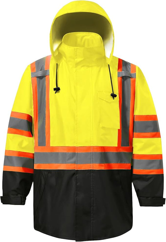 Reflective Rain jackets for men waterproof,Hi Vis Safety Coat With Reflective Strips，High Visibility Class 3 Rain jackets With 2 large pockets,Zipper,Lime,2XL/3XL