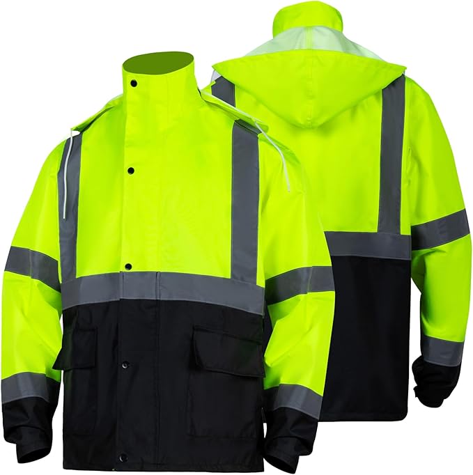 FONIRRA Class 3 High Visibility Rain Suit With Detachable Hood Waterproof Lime Reflective Safety Worker Jacket & Pants (S/M Yellow)