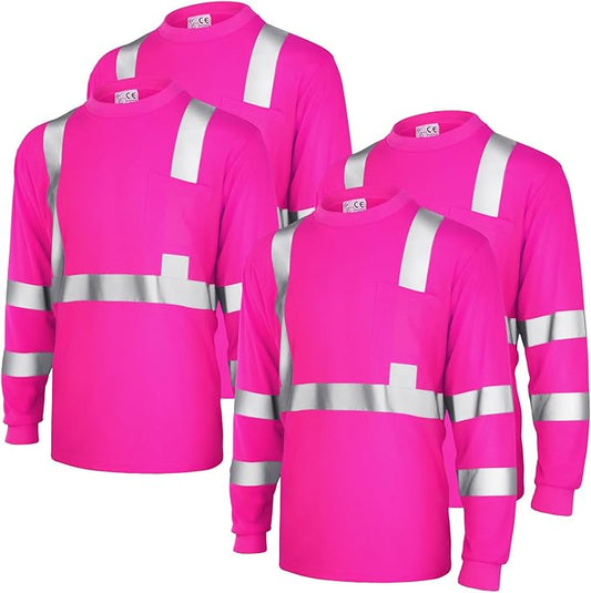 Amylove 4 Pcs Women Long Sleeve Safety Shirt High Visibility Shirts Reflective Construction Work Shirts for Women(L,Rose Red)