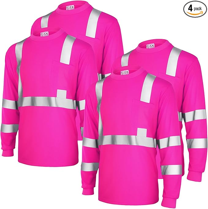 Amylove 4 Pcs Women Long Sleeve Safety Shirt High Visibility Shirts Reflective Construction Work Shirts for Women(M,Rose Red)