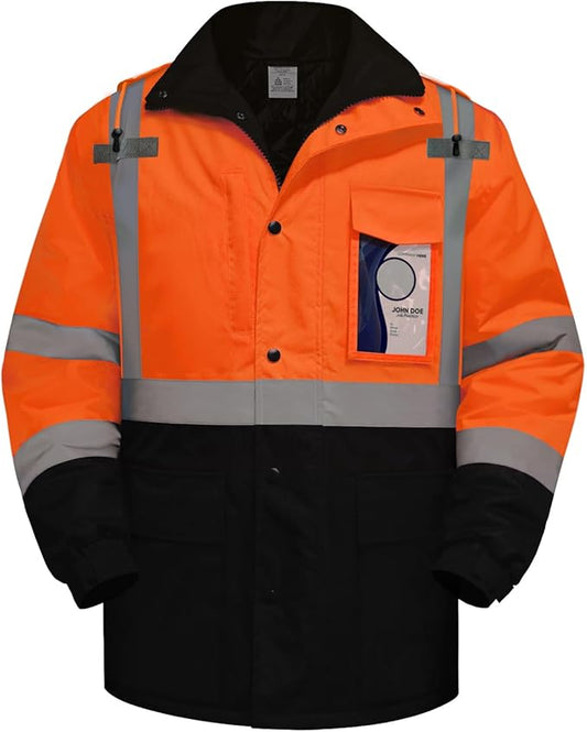 TCCFCCT Safety Jacket for Men & Women, Hi Vis Reflective Jackets with Pockets, Construction Coats for Cold Weather, High Vis Rain Gear, Waterproof, Long J-Orange, 5XL