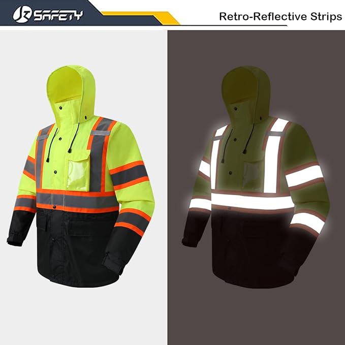 JKSafety Hi-Vis Reflective Safety Rain Jacket for Men Women Waterproof Rain Gears for Farming Fishing Work HV Rain Jacket with Inner Mesh Lining and Pockets (117A-YBlk 3XL)