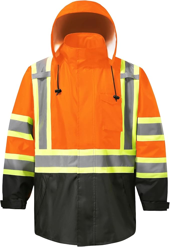 Reflective Rain jackets for men waterproof,Hi Vis Safety Coat With Reflective Strips，High Visibility Class 3 Rain jackets With 2 large pockets，Zipper,Orange,LG/XL