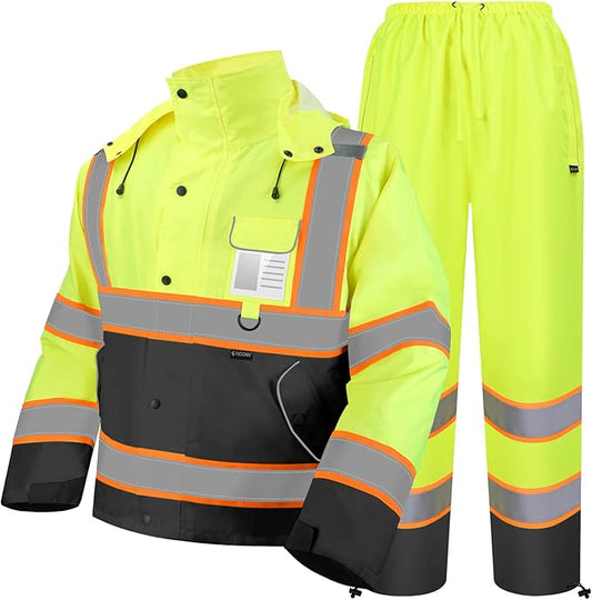 TICONN Hi Vis Rain Jacket and Pants, ANSI Class 3 Reflective High Visibility Safety Rain Suits