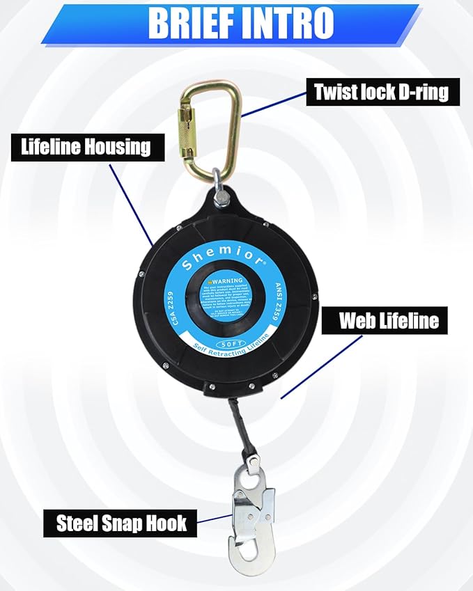 50FT Self Retracting Lifeline, Shemior Fall Arrest Protection PPE Gear, No Tangle Web SRL, Self Retractable Safety Lanyard, OSHA/ANSI Compliant
